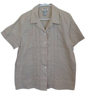 Talbots Irish Linen Blouse Short Sleeve Button Up Neutral Tan Womens Petites 12P